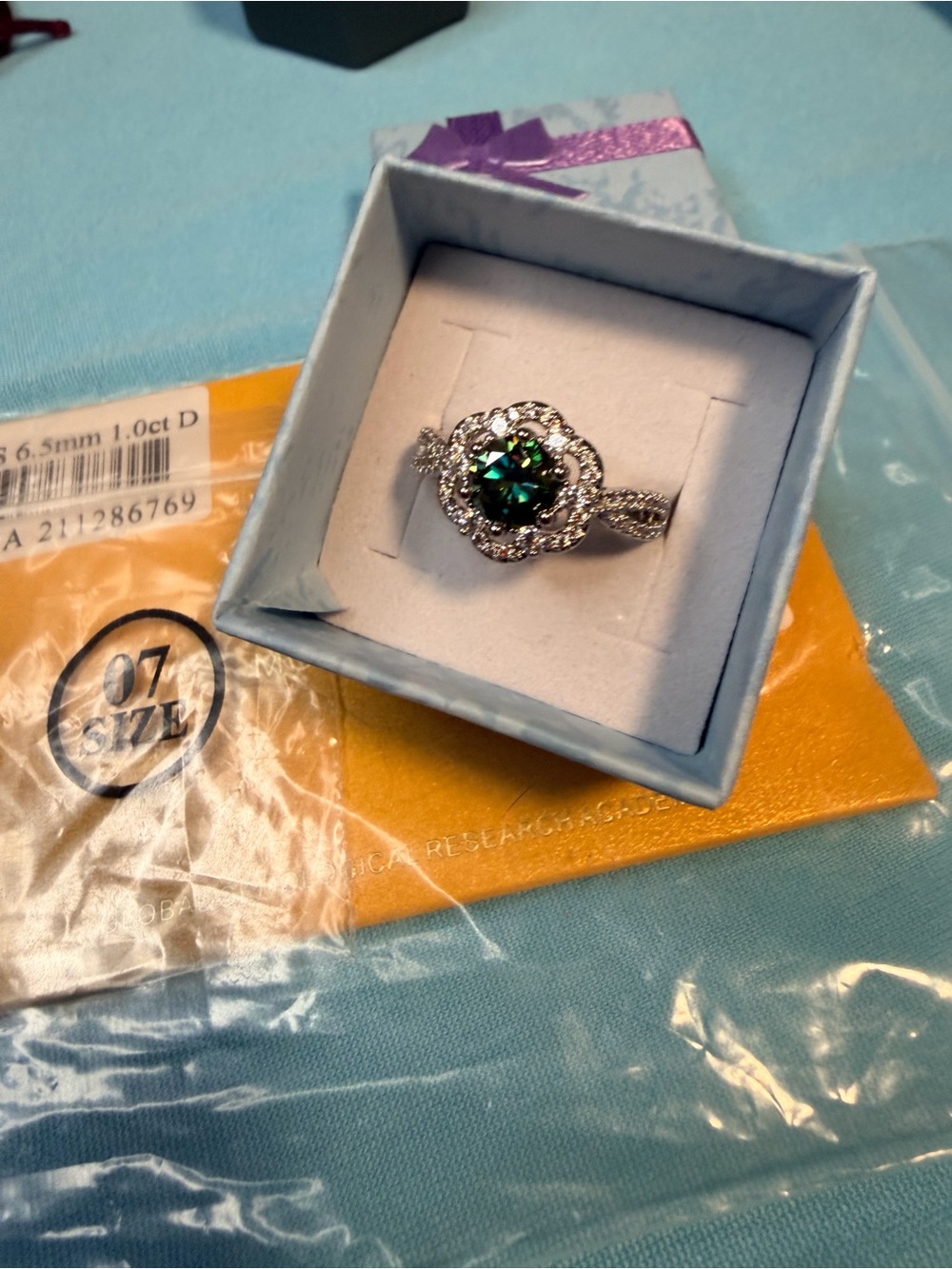 Green Moissanite Halo Flower Ring - Picture 5 of 5